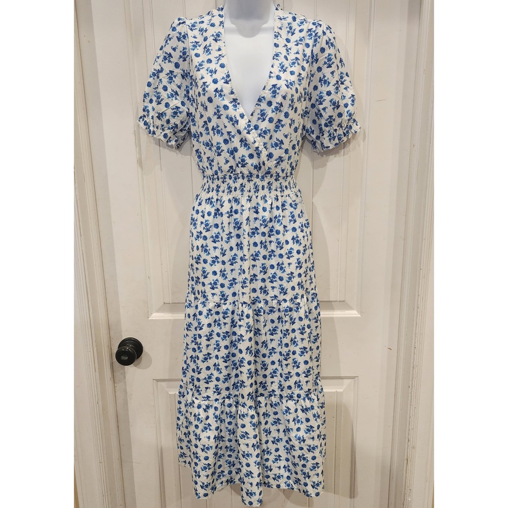 SHEIN Blue Floral V-Neck Smocked Waist Tiered Midi Dress L Cottagecore Summer